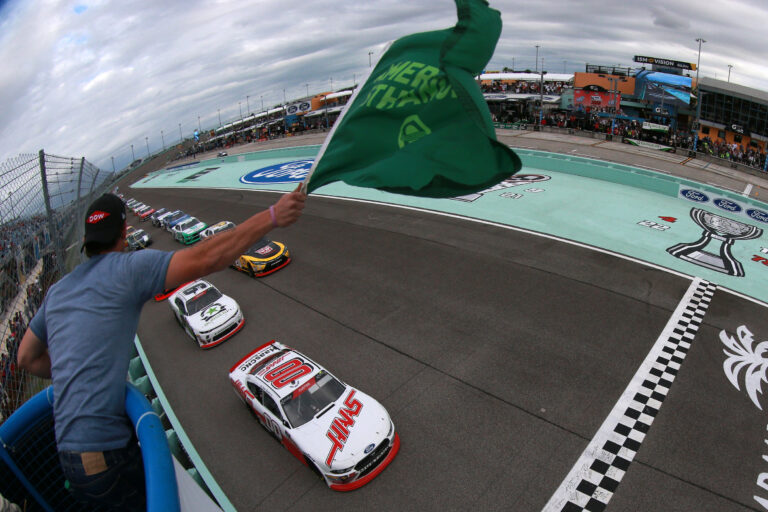Cole Custer leads them to green in the NASCAR Xfinity Series race at Homestead-Miami Speedway