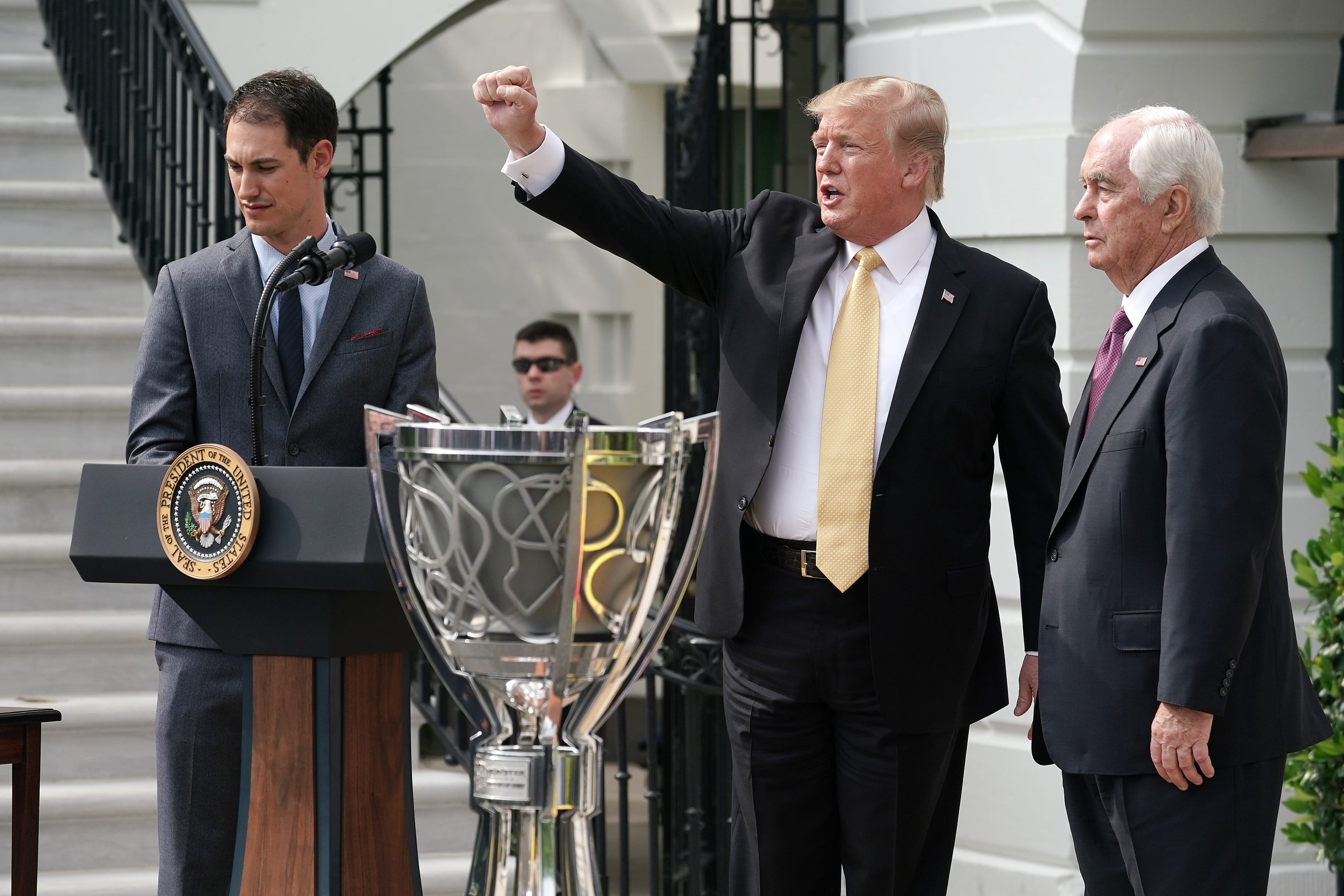 Donald Trump welcomes Joey Logano and Roger Penske to the White House