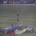 Alex Bowman gets stuck in the grass after winning his first NASCAR race at Chicagoland Speedway