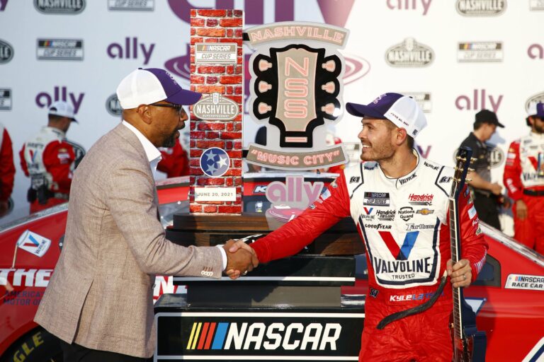 Erik Moses and Kyle Larson - Nashville Superspeedway victory lane - NASCAR Cup Series