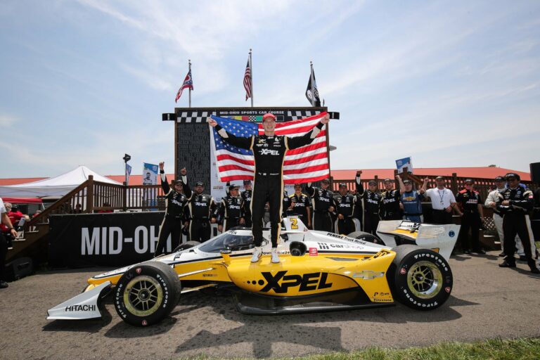 Josef Newgarden in victory lane with American Flag - Mid-Ohio - Indycar Series