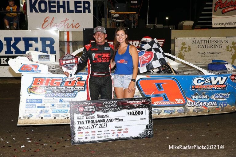 Devin Moran victory lane - Davenport Speedway - World of Outlaws Late Model Series