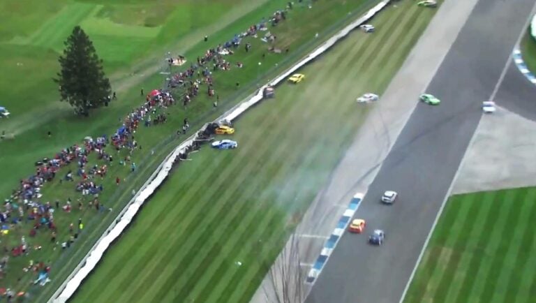 NASCAR crash - curb comes apart at Indianapolis Motor Speedway