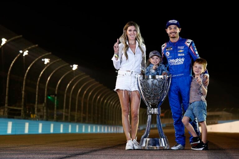Kyle Larson - wife Katelyn Larson - son Owen and daughter Audrey - NASCAR trophy