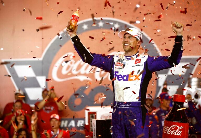 Denny Hamlin in victory lane - Charlotte Motor Speedway - NASCAR Cup Series - Coca-Cola 600