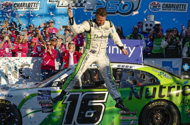 AJ Allmendinger jumps in victory lane at The Roval at Charlotte Motor Speedway - NASCAR Xfinity Series
