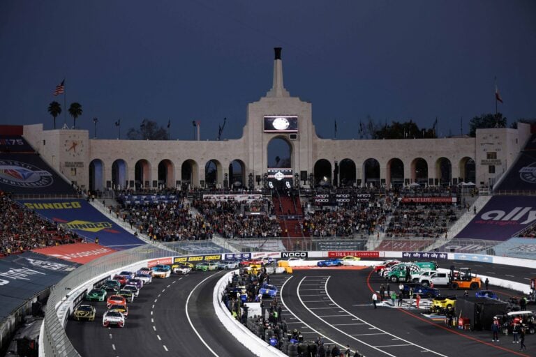 Denny Hamlin leads Kyle Busch - LA Coliseum - NASCAR Clash