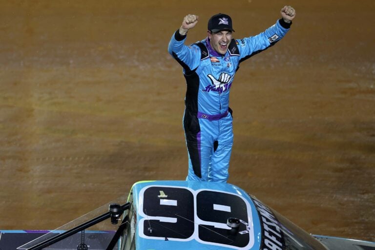Joey Logano celebrates - Bristol Motor Speedway Dirt Track - NASCAR Truck Series