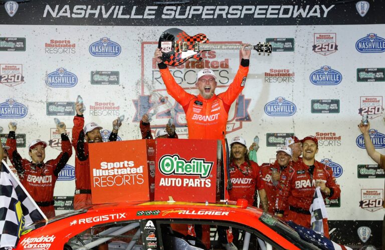 Justin Allgaier in victory lane at Nashville Superspeedway - NASCAR O'Reilly Series